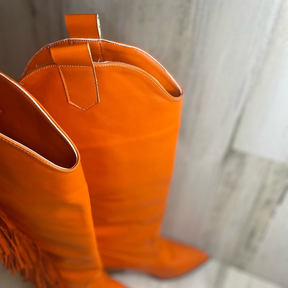 Knee High Faux Leather Tassel Fringe Pointed Toe Cowboy Boots- Orange Size 38 - Picture 8 of 16